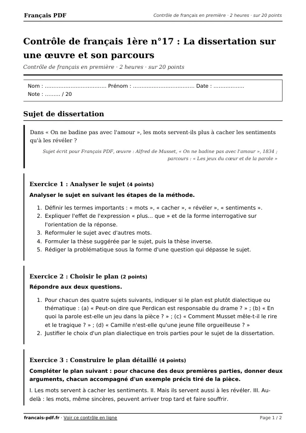Contrôle de français 1ère n°17 en PDF