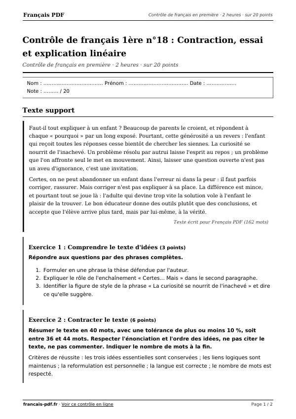 Contrôle de français 1ère n°18 en PDF