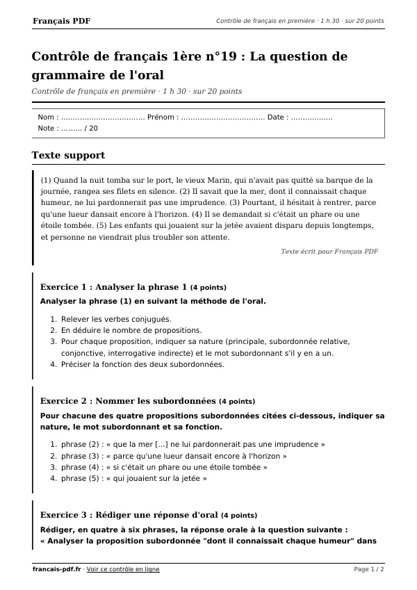 Contrôle de français 1ère n°19 en PDF
