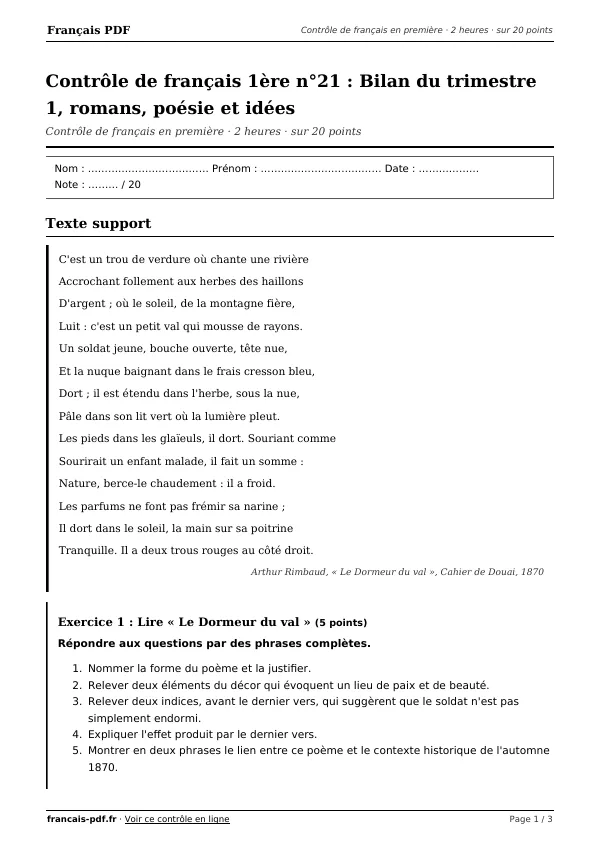 Contrôle de français 1ère n°21 en PDF