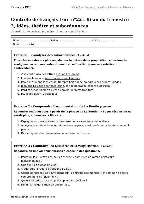 Contrôle de français 1ère n°22 en PDF