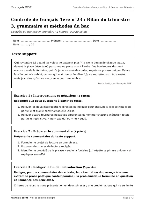 Contrôle de français 1ère n°23 en PDF