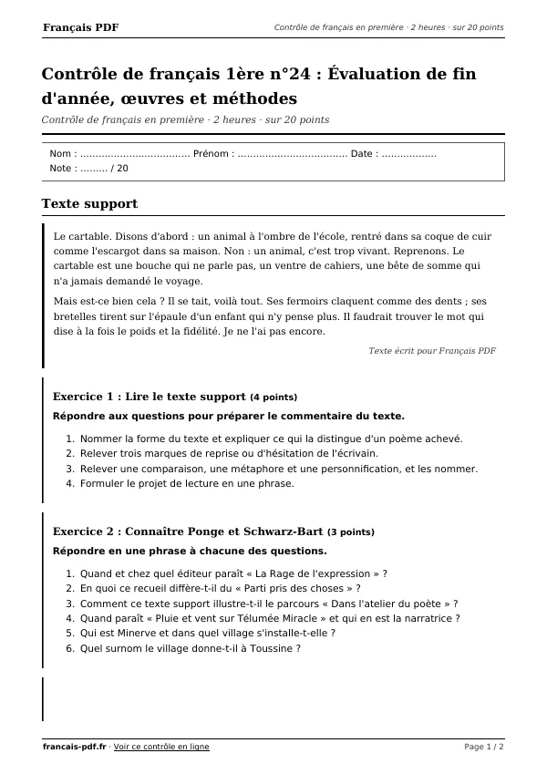Contrôle de français 1ère n°24 en PDF