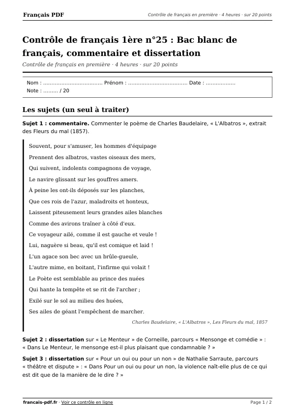 Contrôle de français 1ère n°25 en PDF