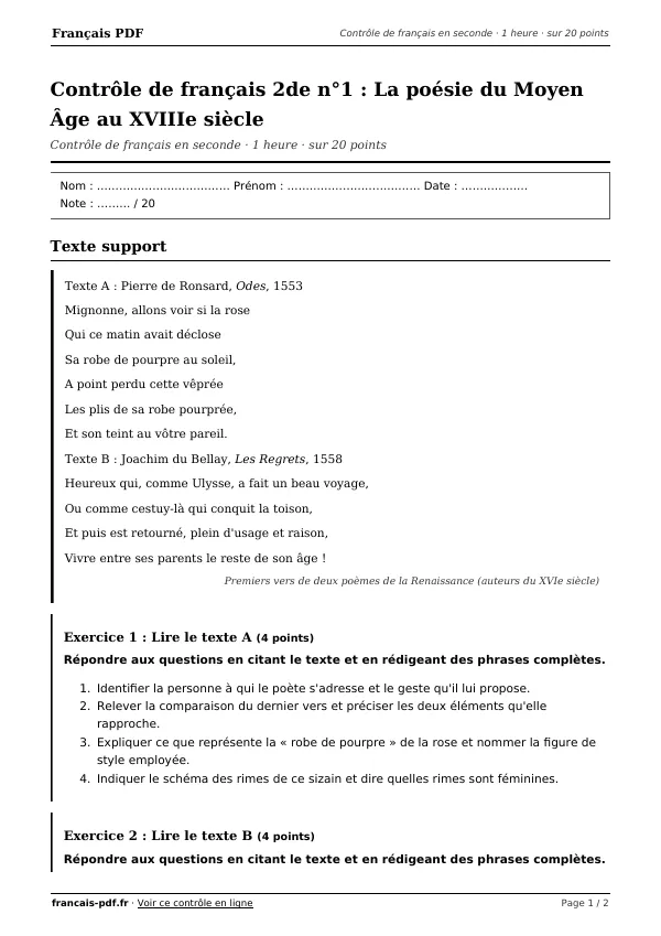 Contrôle de français 2de n°1 en PDF