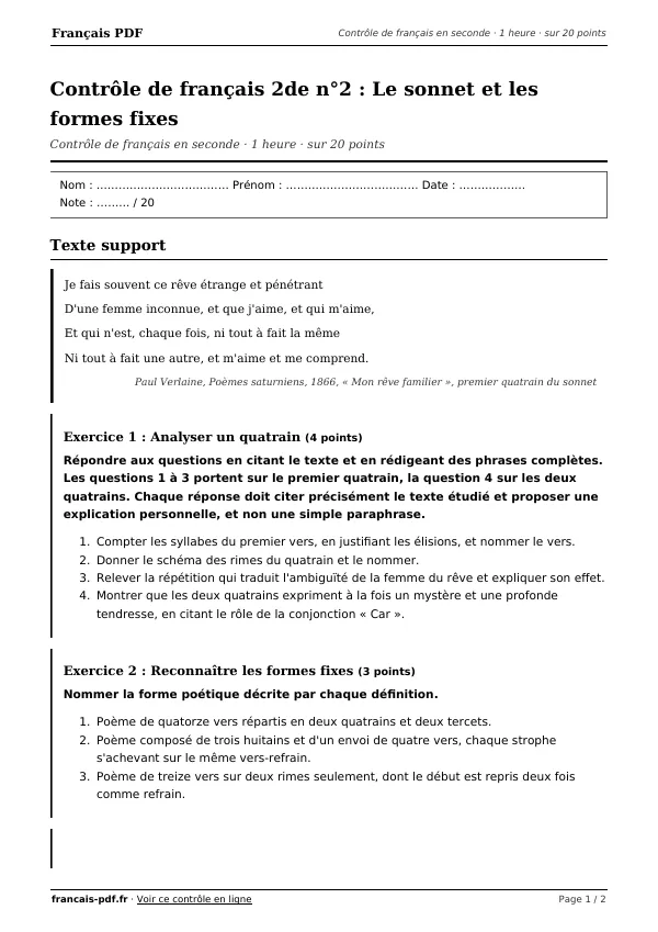 Contrôle de français 2de n°2 en PDF
