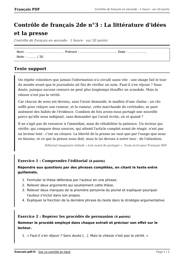 Contrôle de français 2de n°3 en PDF