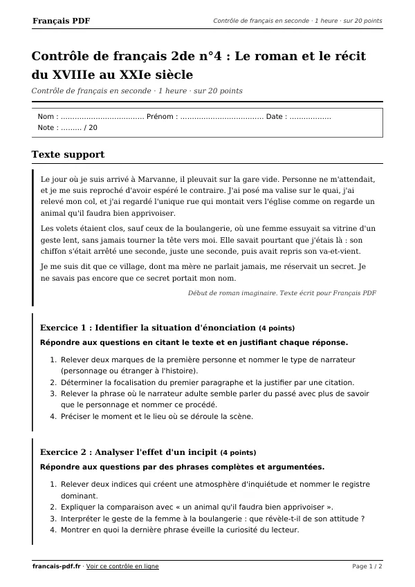 Contrôle de français 2de n°4 en PDF