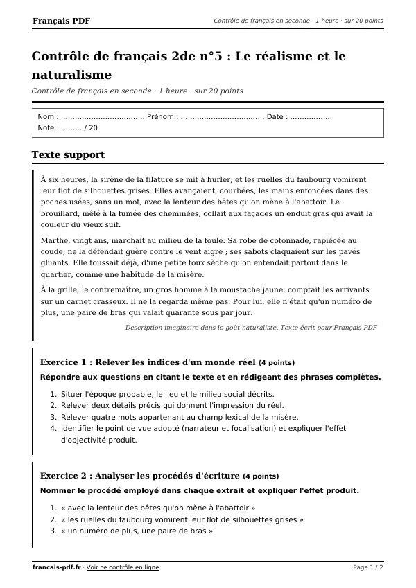 Contrôle de français 2de n°5 en PDF