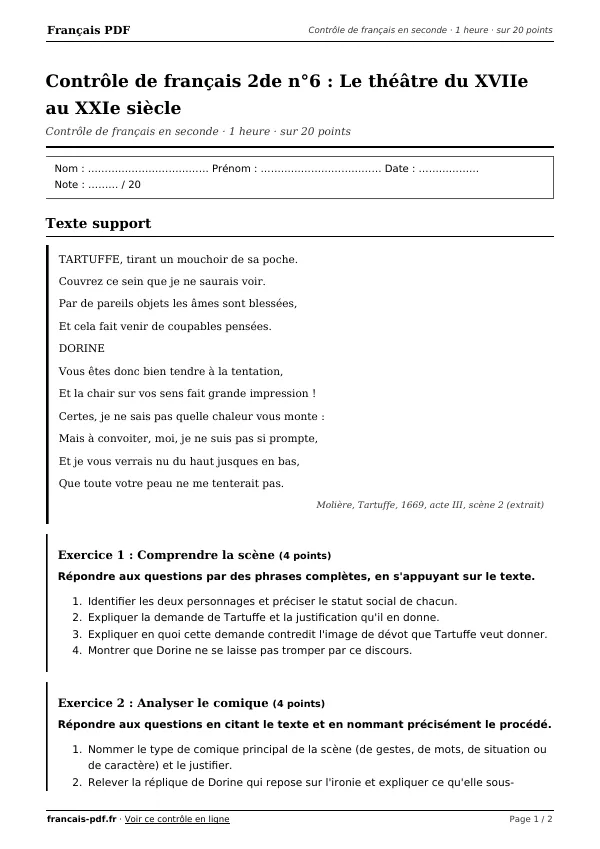 Contrôle de français 2de n°6 en PDF