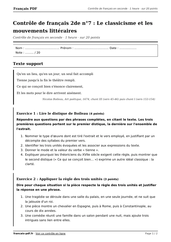 Contrôle de français 2de n°7 en PDF