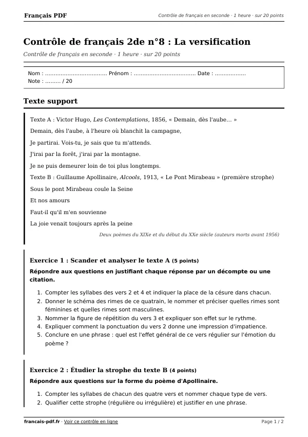 Contrôle de français 2de n°8 en PDF