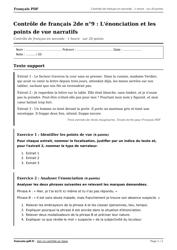Contrôle de français 2de n°9 en PDF