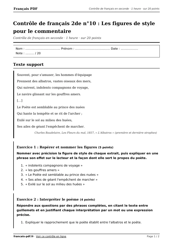 Contrôle de français 2de n°10 en PDF