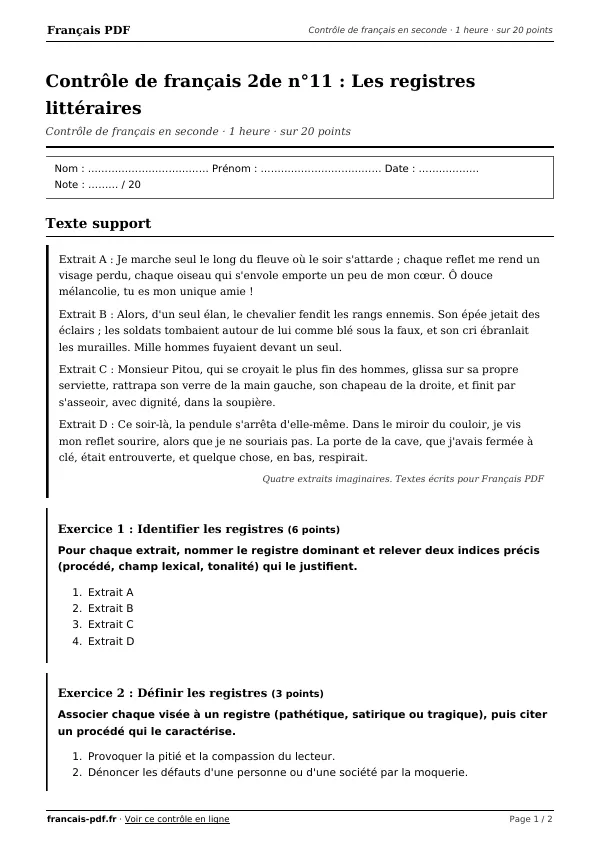 Contrôle de français 2de n°11 en PDF
