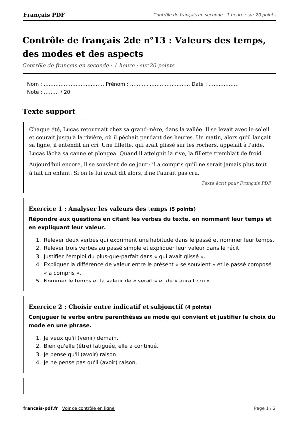 Contrôle de français 2de n°13 en PDF