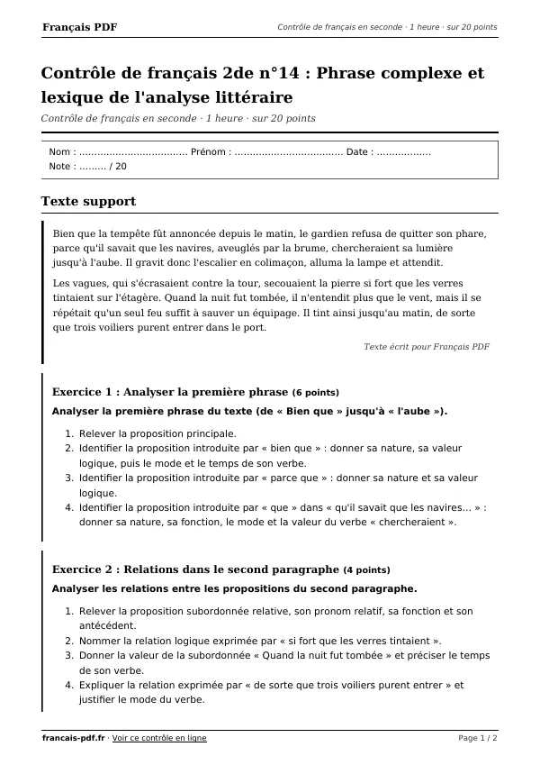 Contrôle de français 2de n°14 en PDF