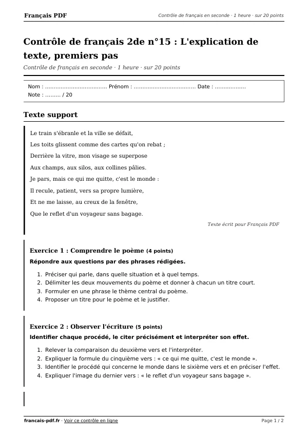 Contrôle de français 2de n°15 en PDF