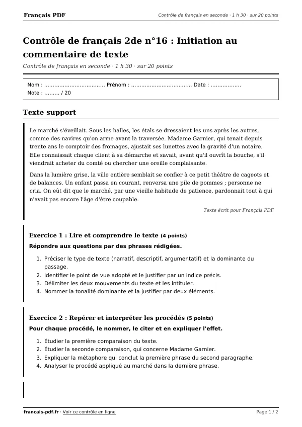 Contrôle de français 2de n°16 en PDF