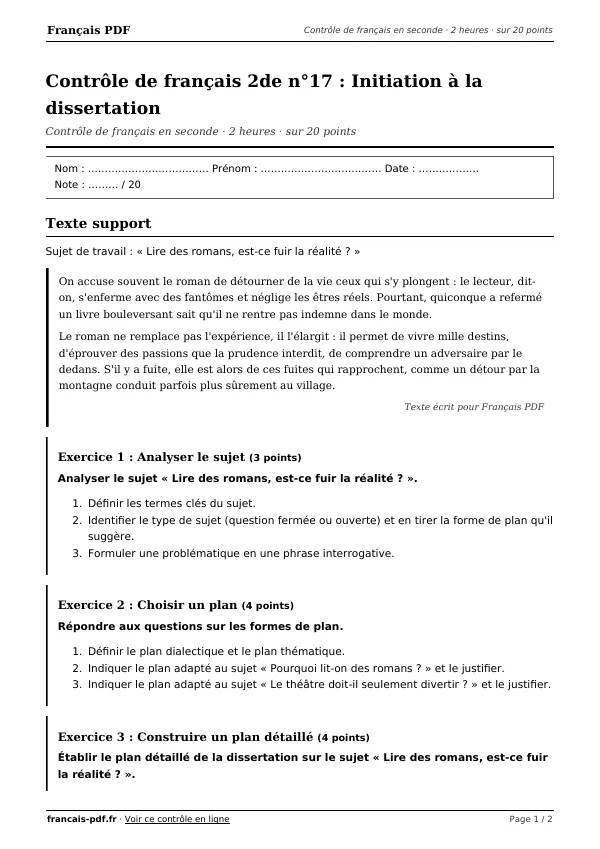 Contrôle de français 2de n°17 en PDF