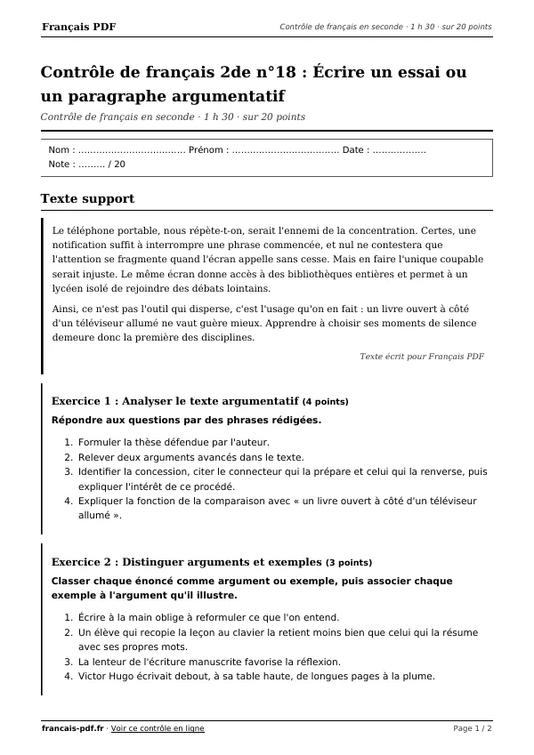 Contrôle de français 2de n°18 en PDF