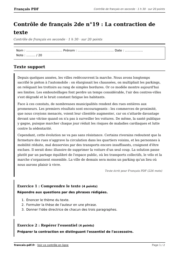 Contrôle de français 2de n°19 en PDF