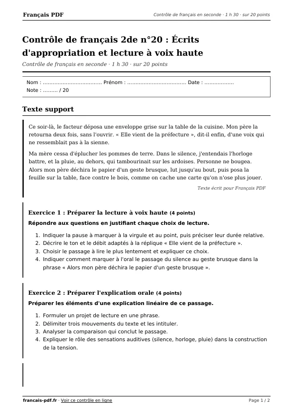 Contrôle de français 2de n°20 en PDF