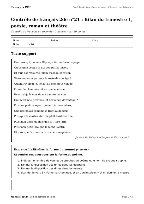 Contrôle de français 2de n°21 en PDF