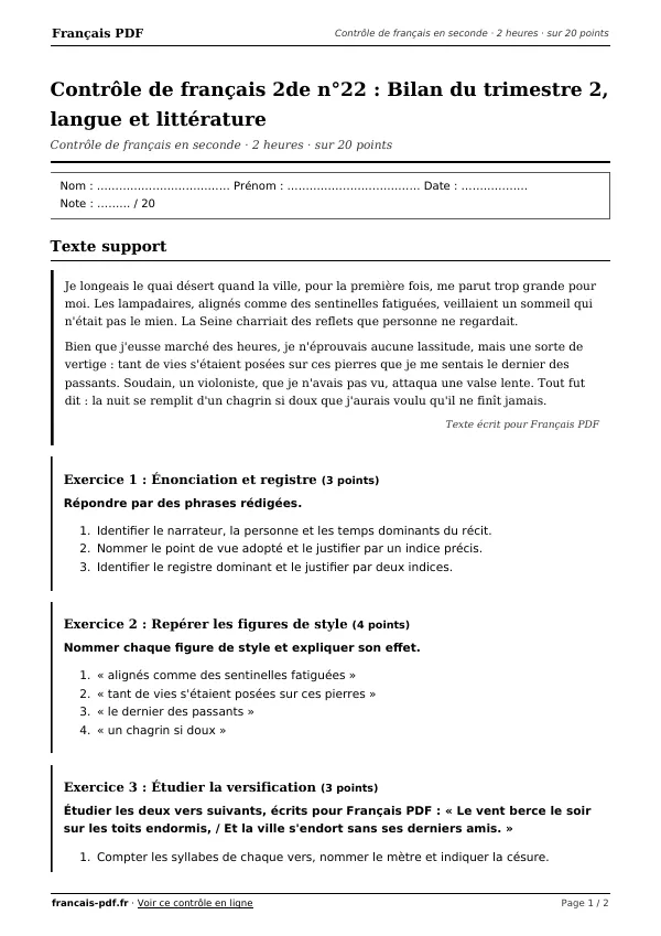 Contrôle de français 2de n°22 en PDF