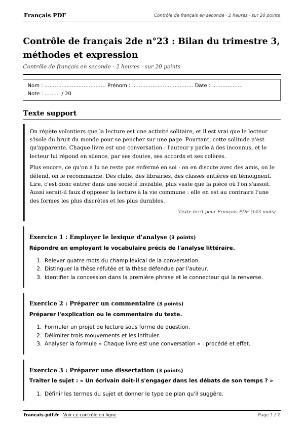 Contrôle de français 2de n°23 en PDF