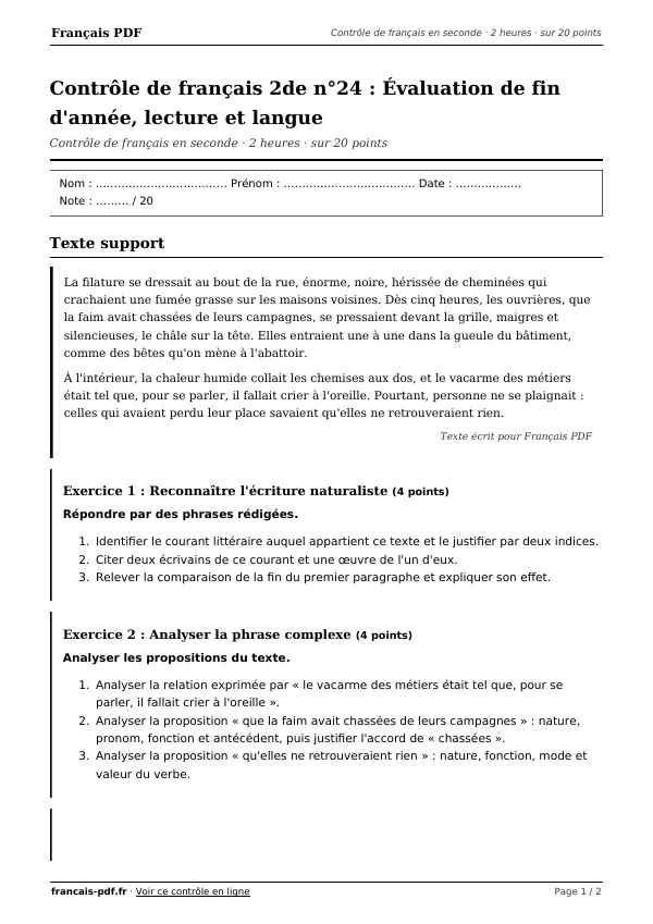 Contrôle de français 2de n°24 en PDF