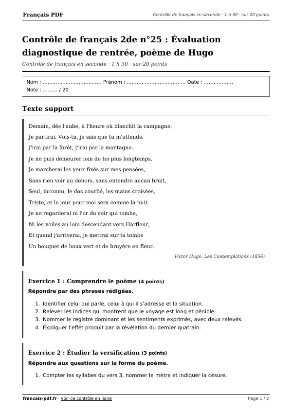 Contrôle de français 2de n°25 en PDF