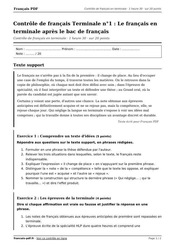 Contrôle de français Terminale n°1 en PDF