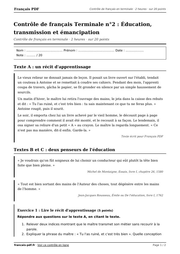 Contrôle de français Terminale n°2 en PDF