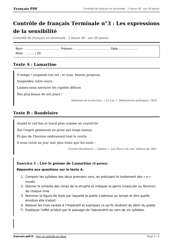 Contrôle de français Terminale n°3 en PDF