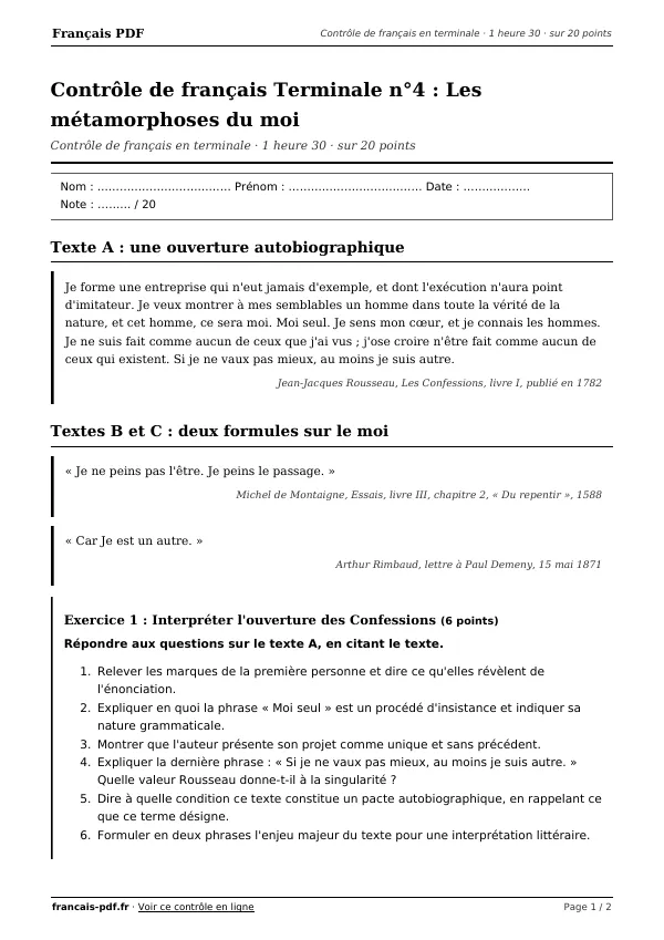 Contrôle de français Terminale n°4 en PDF