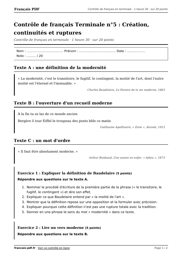 Contrôle de français Terminale n°5 en PDF