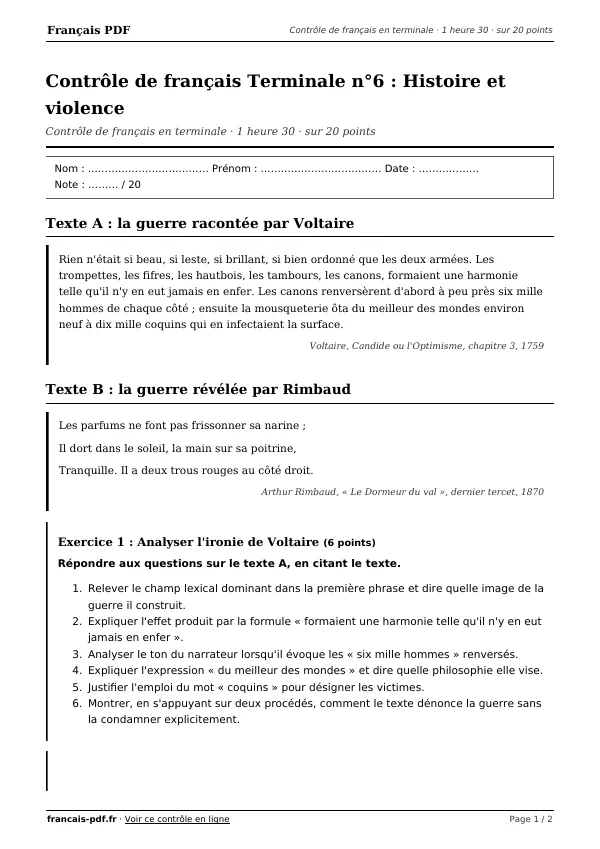 Contrôle de français Terminale n°6 en PDF