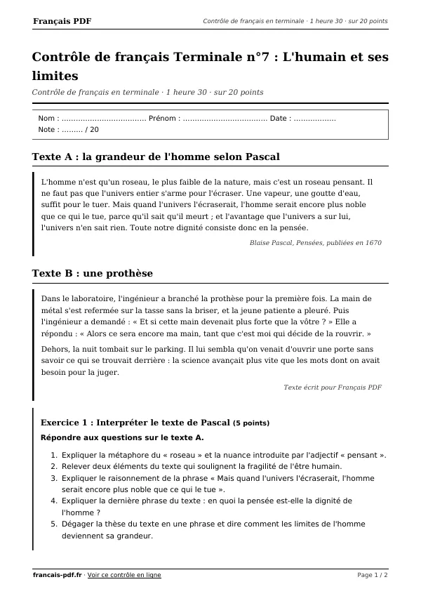 Contrôle de français Terminale n°7 en PDF
