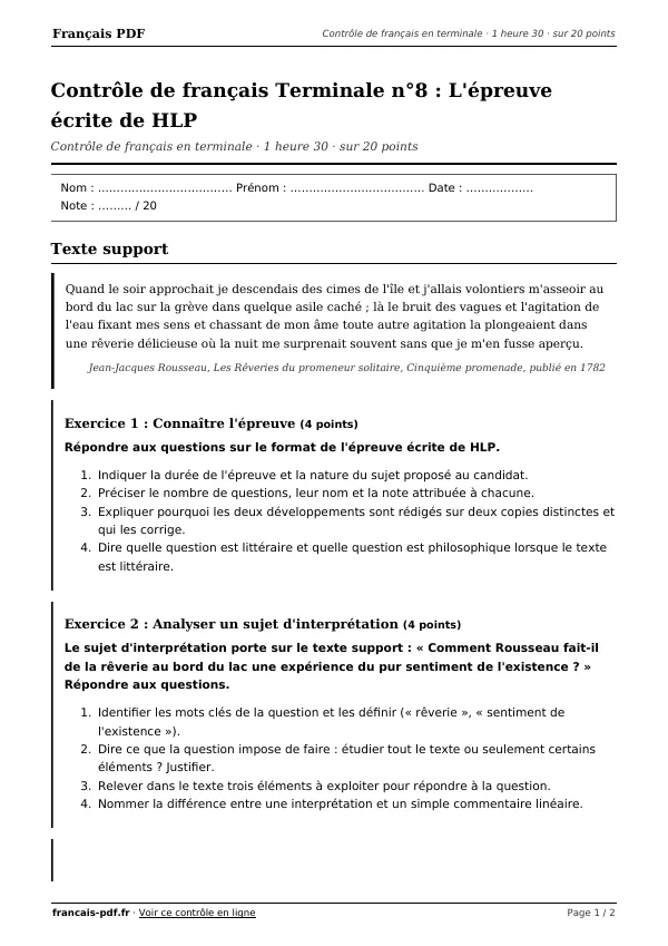Contrôle de français Terminale n°8 en PDF