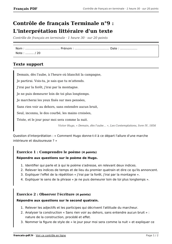 Contrôle de français Terminale n°9 en PDF
