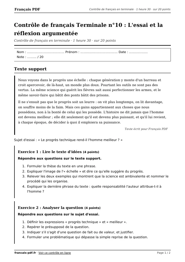 Contrôle de français Terminale n°10 en PDF
