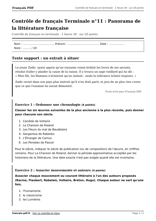 Contrôle de français Terminale n°11 en PDF