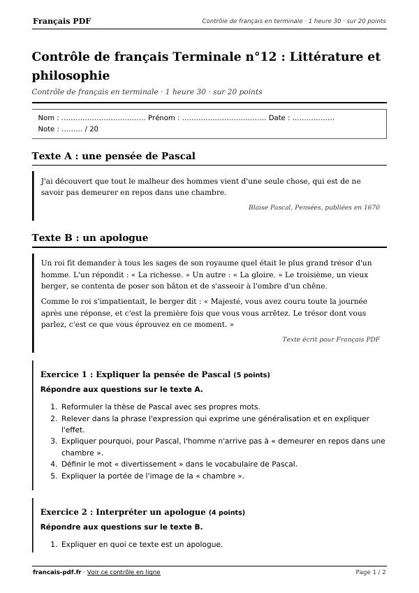 Contrôle de français Terminale n°12 en PDF