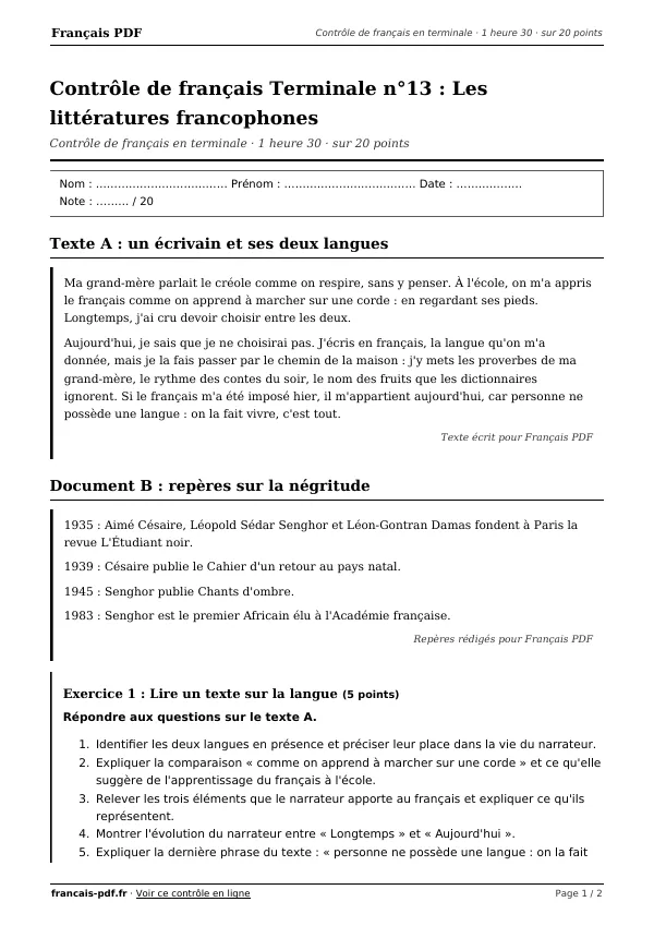 Contrôle de français Terminale n°13 en PDF