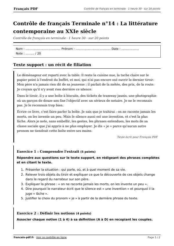 Contrôle de français Terminale n°14 en PDF