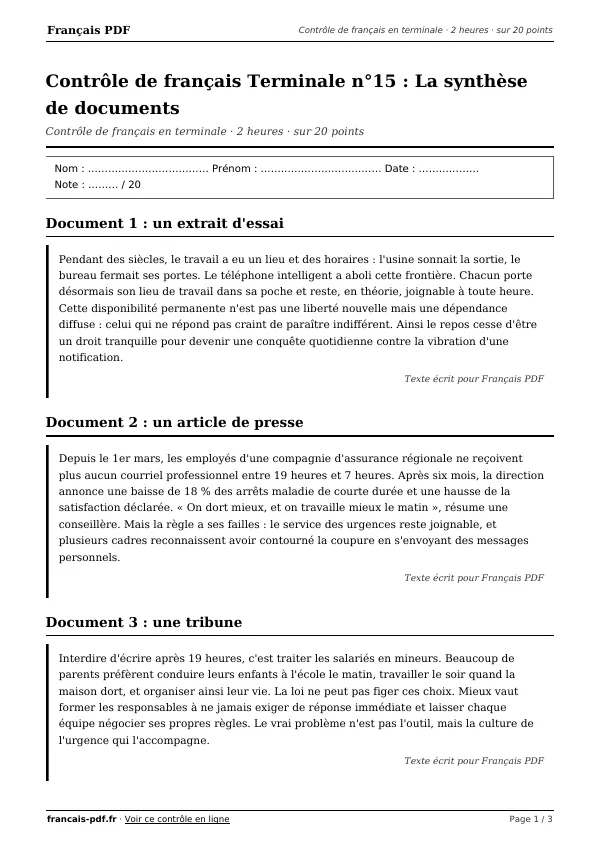 Contrôle de français Terminale n°15 en PDF