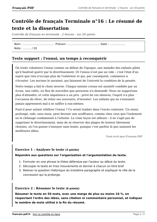 Contrôle de français Terminale n°16 en PDF