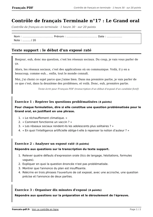 Contrôle de français Terminale n°17 en PDF
