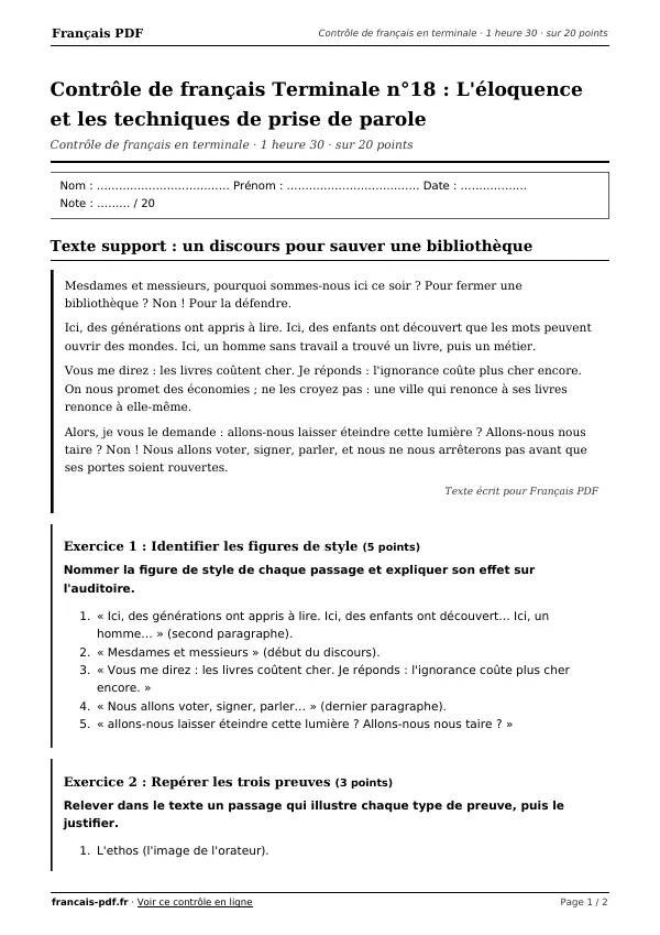 Contrôle de français Terminale n°18 en PDF